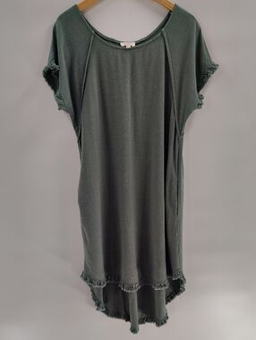 Umgee Dress Size Small Oversized Green Fringe Hem & Sleeves Linen Cotton Blend